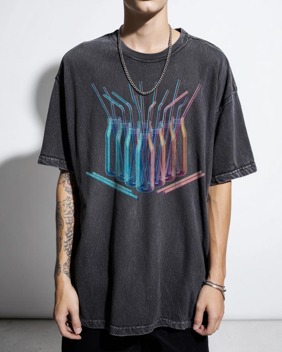 3D Neon Transparent Water Straw T-Shirt - Dark Background Aesthetic Tee
