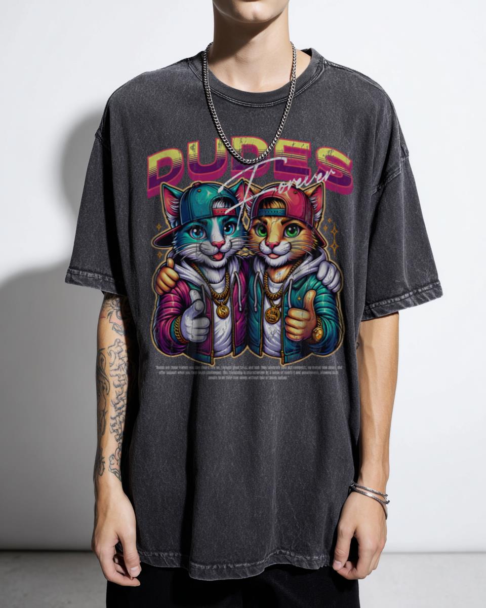 80s Anime Streetwear Dudes Forever Cats T-Shirt - Retro Hip Hop Feline Duo