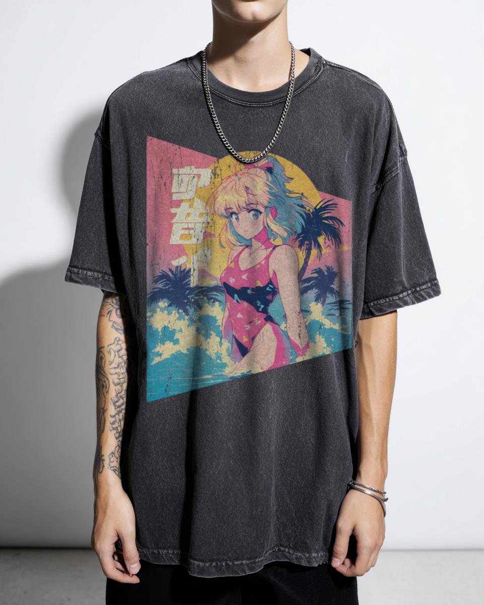 80s Retro Anime Beach Girl T-Shirt - Nostalgic City Pop Japanese Aesthetic Tee
