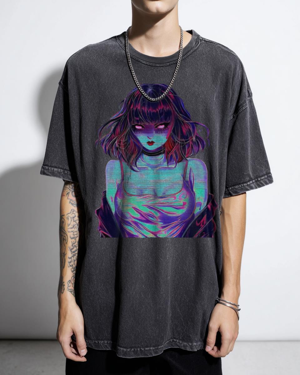 80s Retro Vaporwave Anime Girl Cyber Glitch T-Shirt - Japanese Aesthetic Unisex