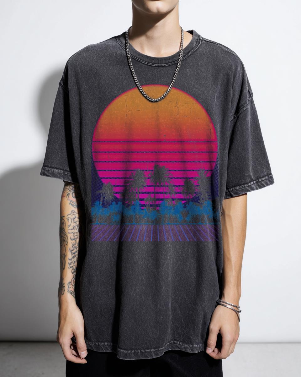80s Vaporwave Retro Palm Trees Sunset T-Shirt - Synthwave Aesthetic Japanese Tee Unisex