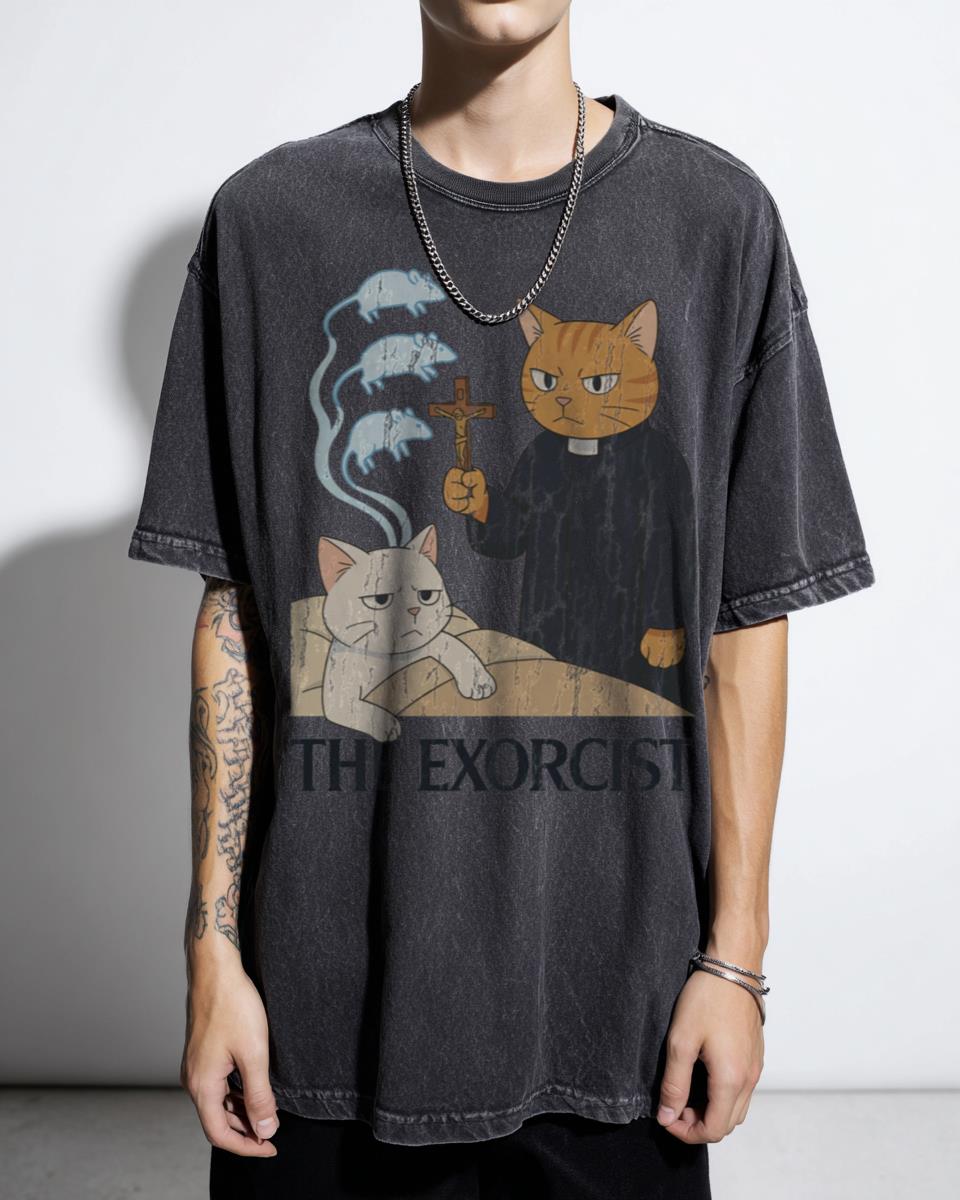 90s Anime Cat Exorcism Retro T-Shirt - Ghost Mice & Feline Priest Art