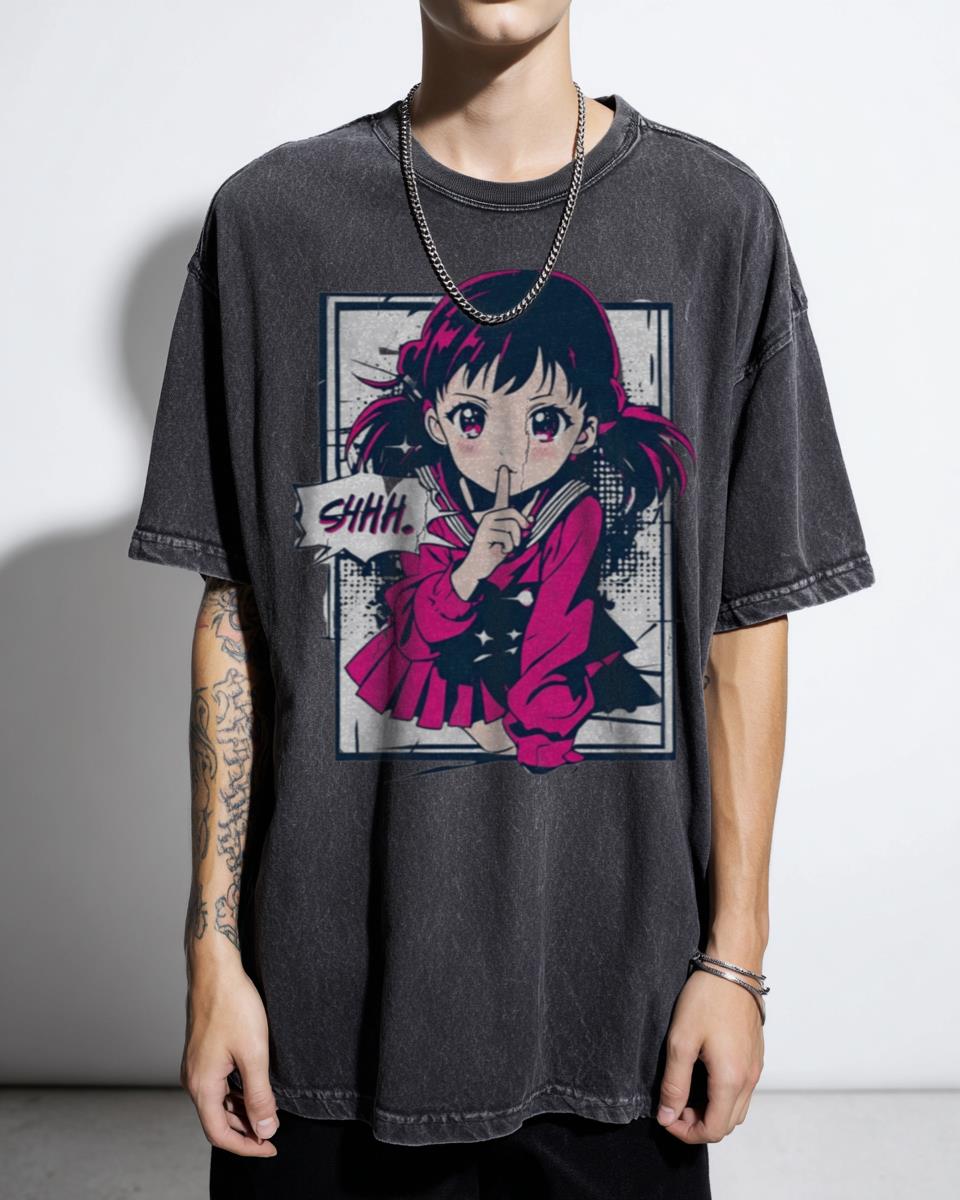 90s Anime Girl Shushing Colorful Comic Style T-Shirt - Retro Manga Pop Art