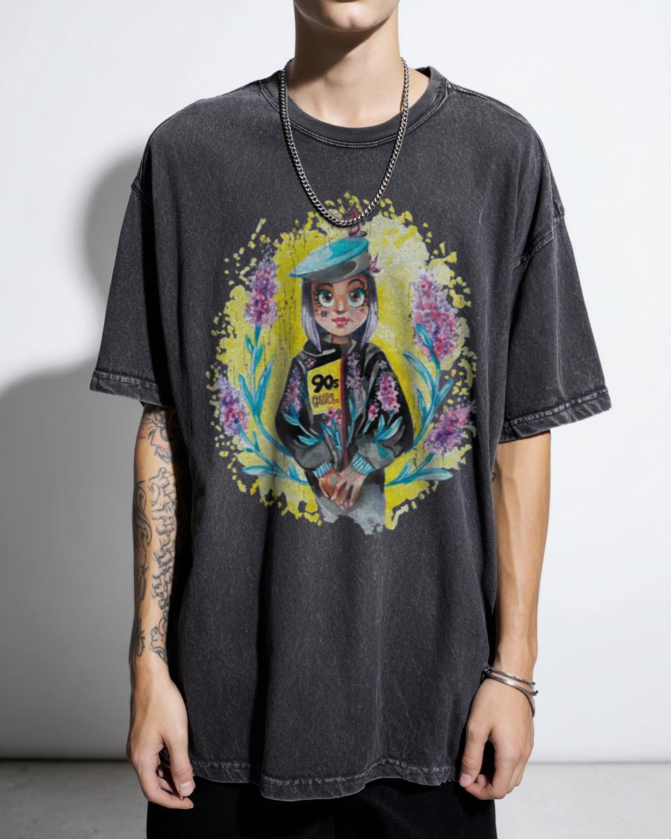 90s Urban Anime Girl Nostalgia Watercolor T-Shirt - Street Fashion Boho