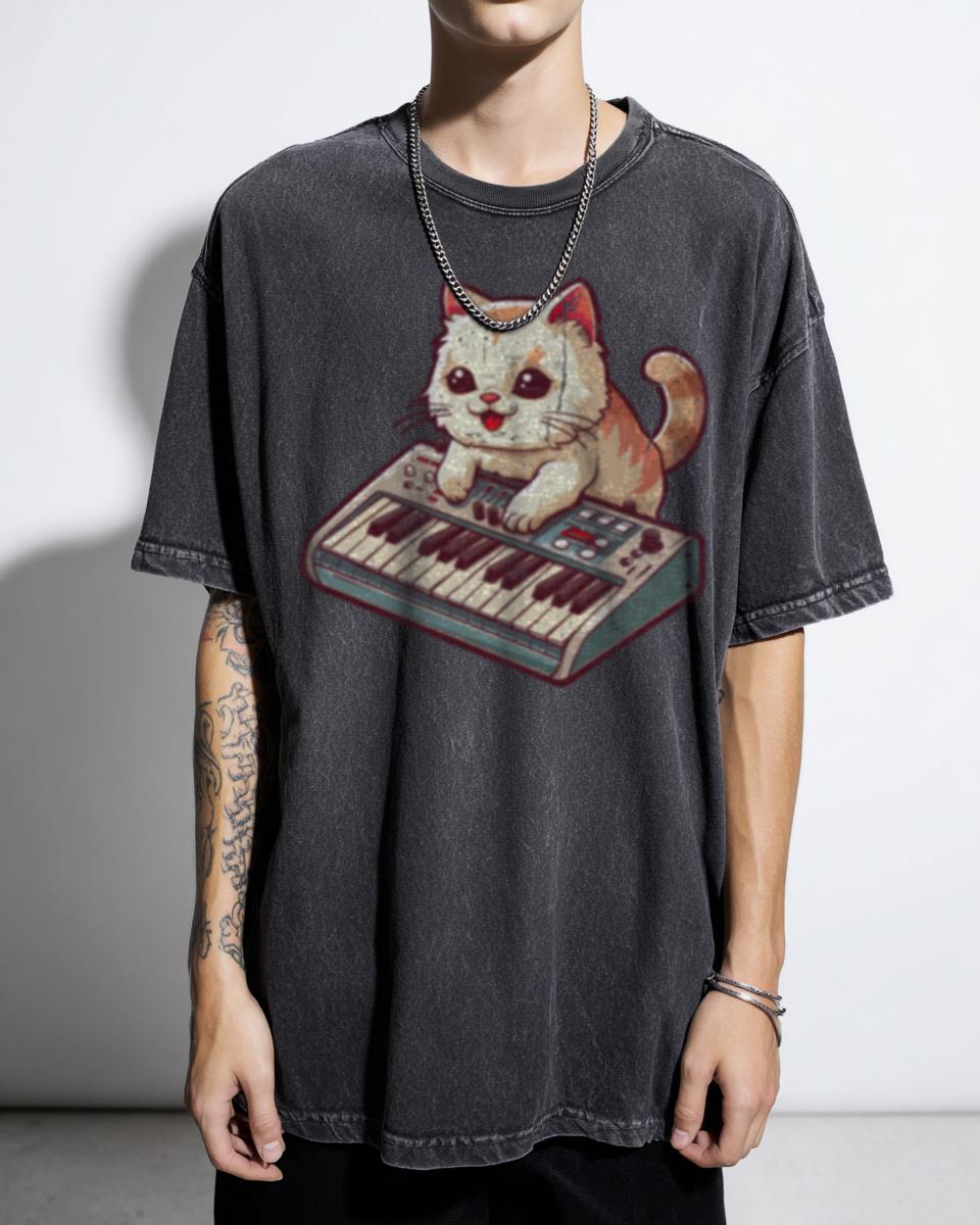 Adorable Cat Vintage Synthesizer T-Shirt - Kawaii Music Producer Kitten Gift