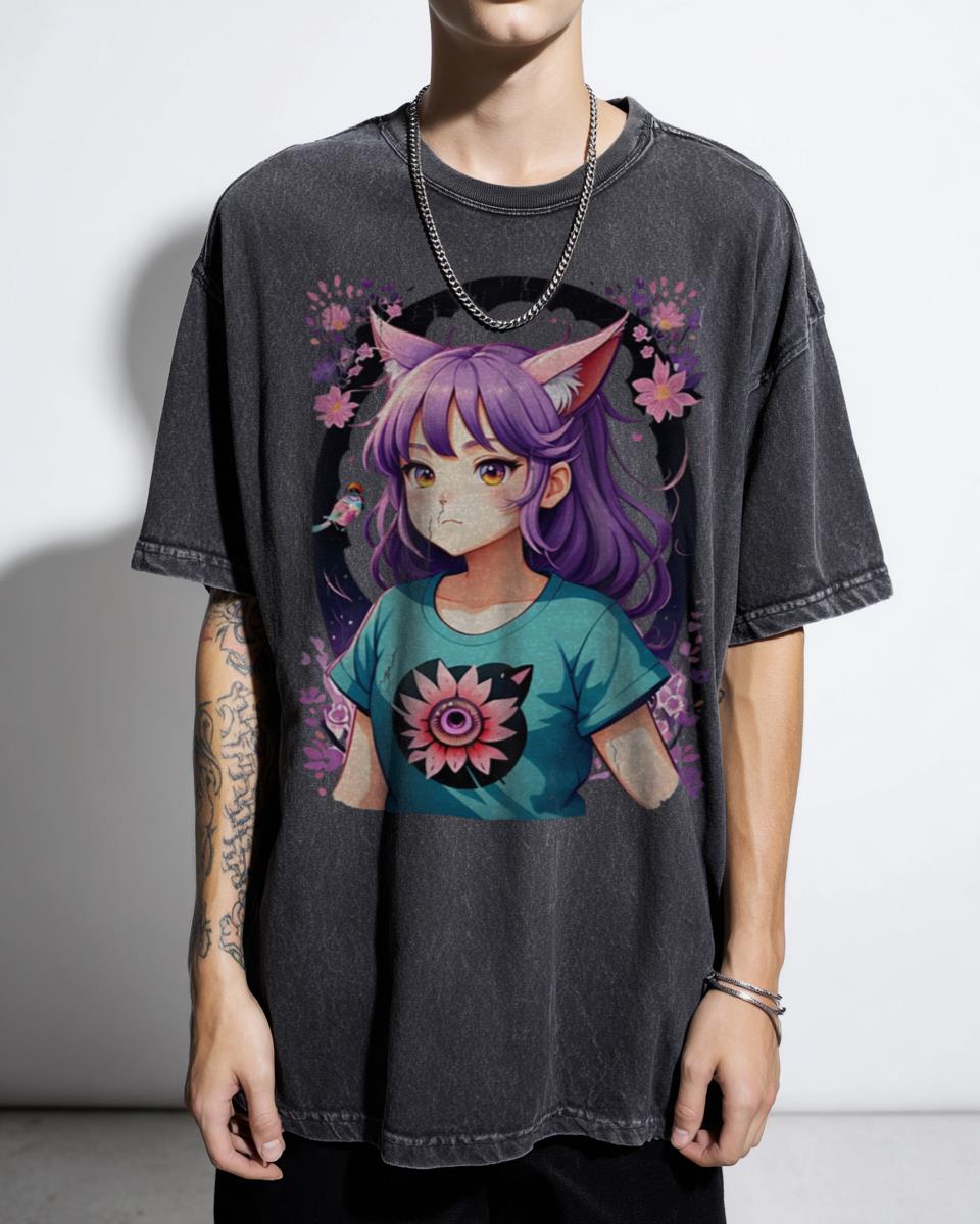 Adorable Floral Anthropomorphic Cat Girl T-Shirt - Kawaii Character Design Digital Art