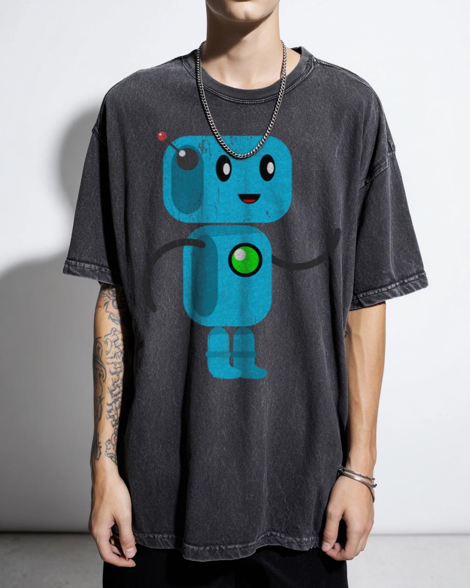 Adorable Kawaii Robot Face Graphic T-Shirt - Cute Blue Sprite Art