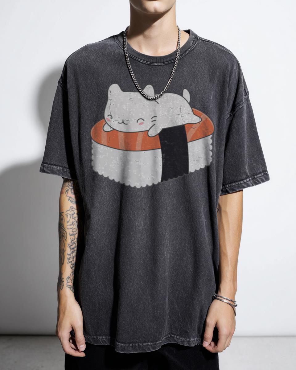 Adorable Kawaii Sushi Cat T-Shirt - Cute Foodie Kitten Japanese Art Unisex Black Acidwash