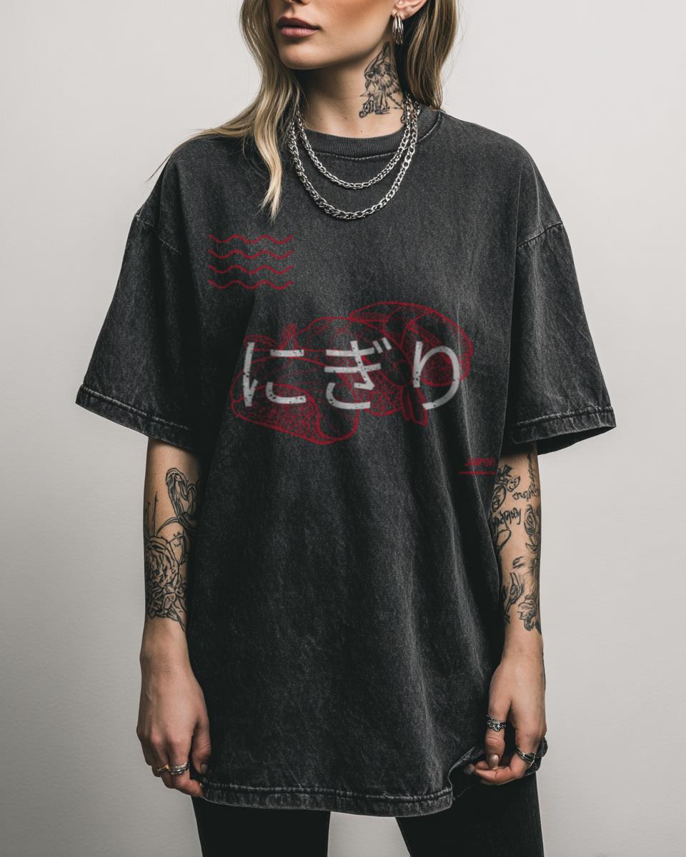 Aesthetic Sushi Japan Style Japanese Art Black Acidwash T-Shirt