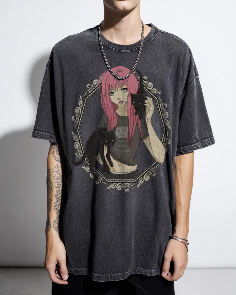 Alternative Anime Girl Cats are Better Than People T-Shirt - Black Cat Lover Manga Apparel Women Black Acidwash