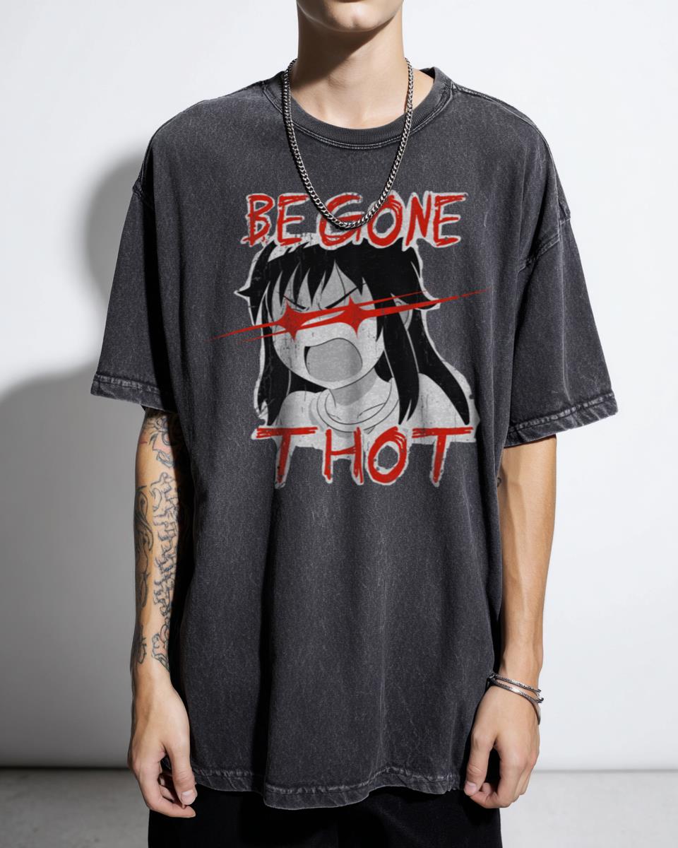 Angry Anime Girl 'Be Gone Thot' Meme T-Shirt - Red Eyes Imouto Humor Unisex
