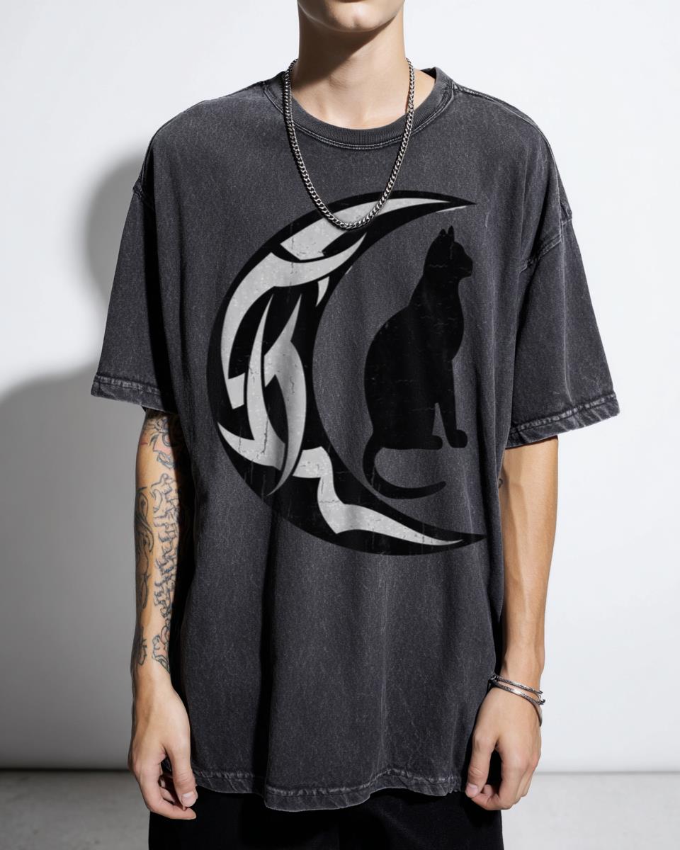 Anime Cat Moon T-Shirt - Celestial Feline Manga Style for Otaku