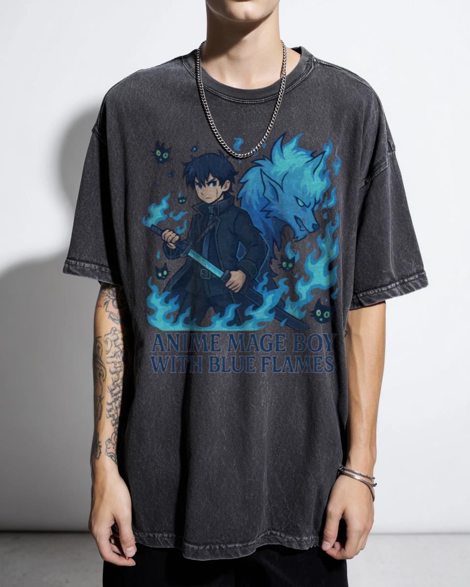 Anime Mage with Blue Flames T-Shirt - Dark Magic Sword Art Shonen Vibe