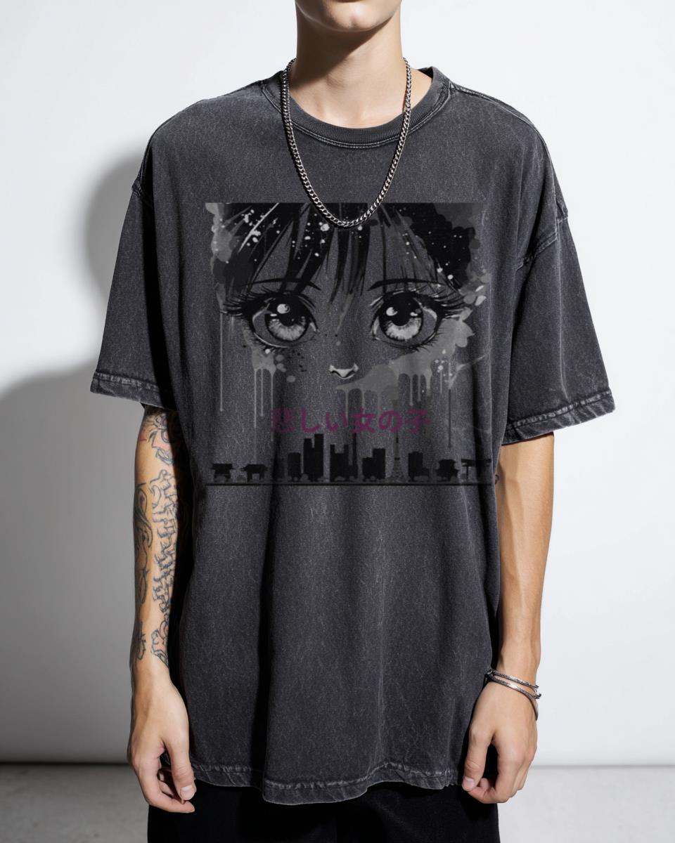 Anime Sad Girl T-Shirt - Melancholy Japanese Kanji Graphic