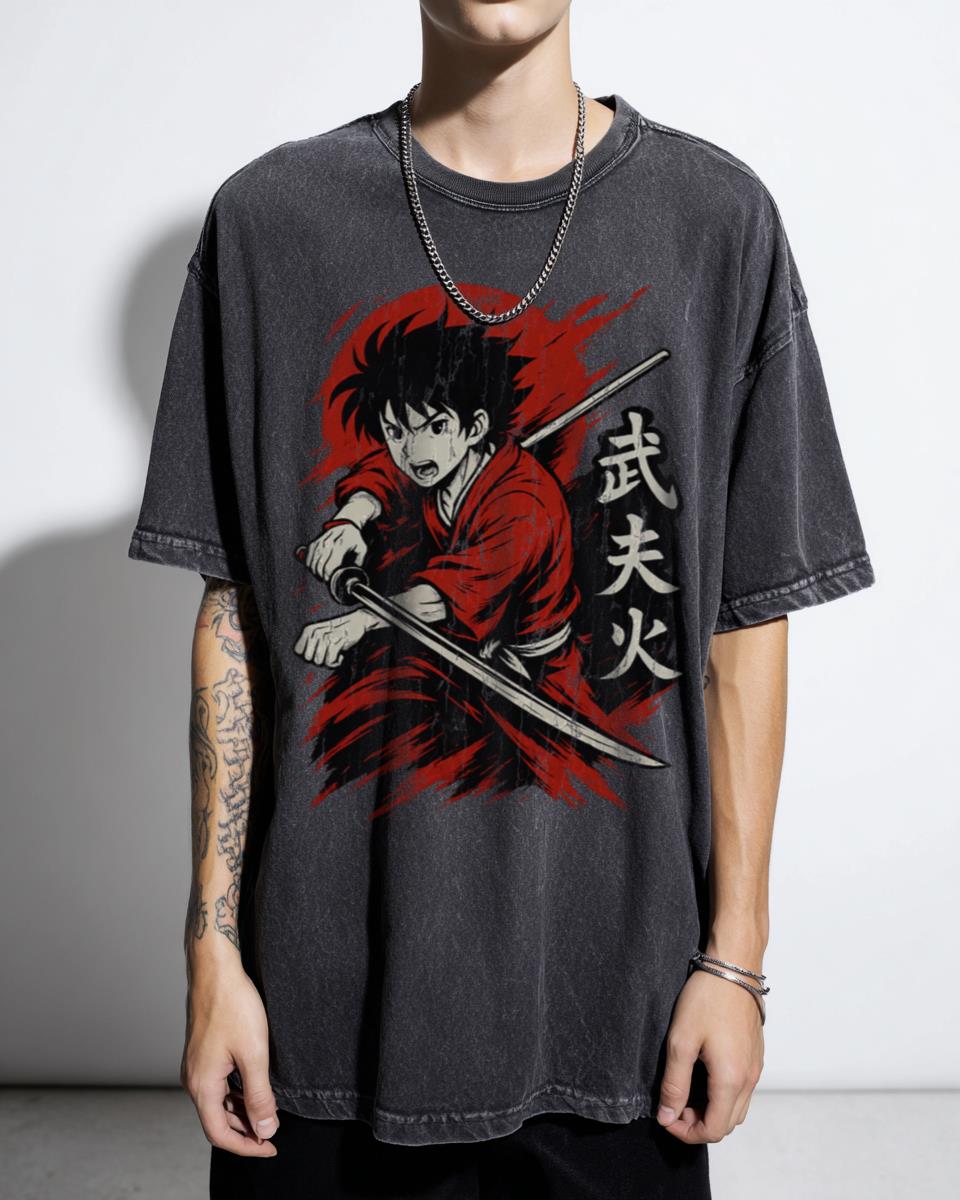 Anime Samurai Warrior Red Moon T-Shirt - Japanese Katana Battle Stance Art