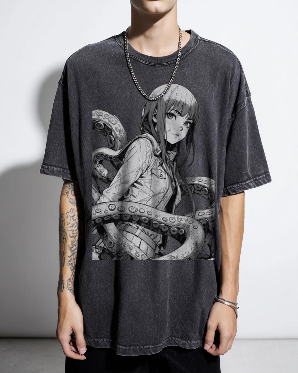 Anime Woman Black & White Octopus Style T-Shirt - Unique Marine Art