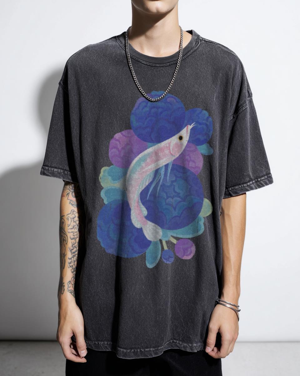Arowana Fish & Peony Flower T-Shirt | Artistic Dragon Art Tee