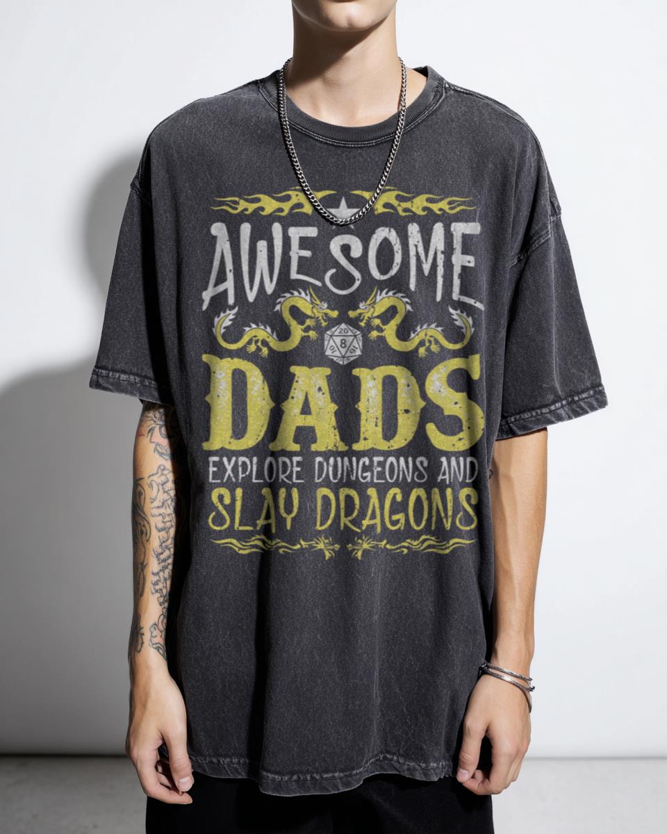 Awesome D&D Dads Explore Dungeons Slay Dragons T-Shirt - Funny Father's Day Gamer Gift