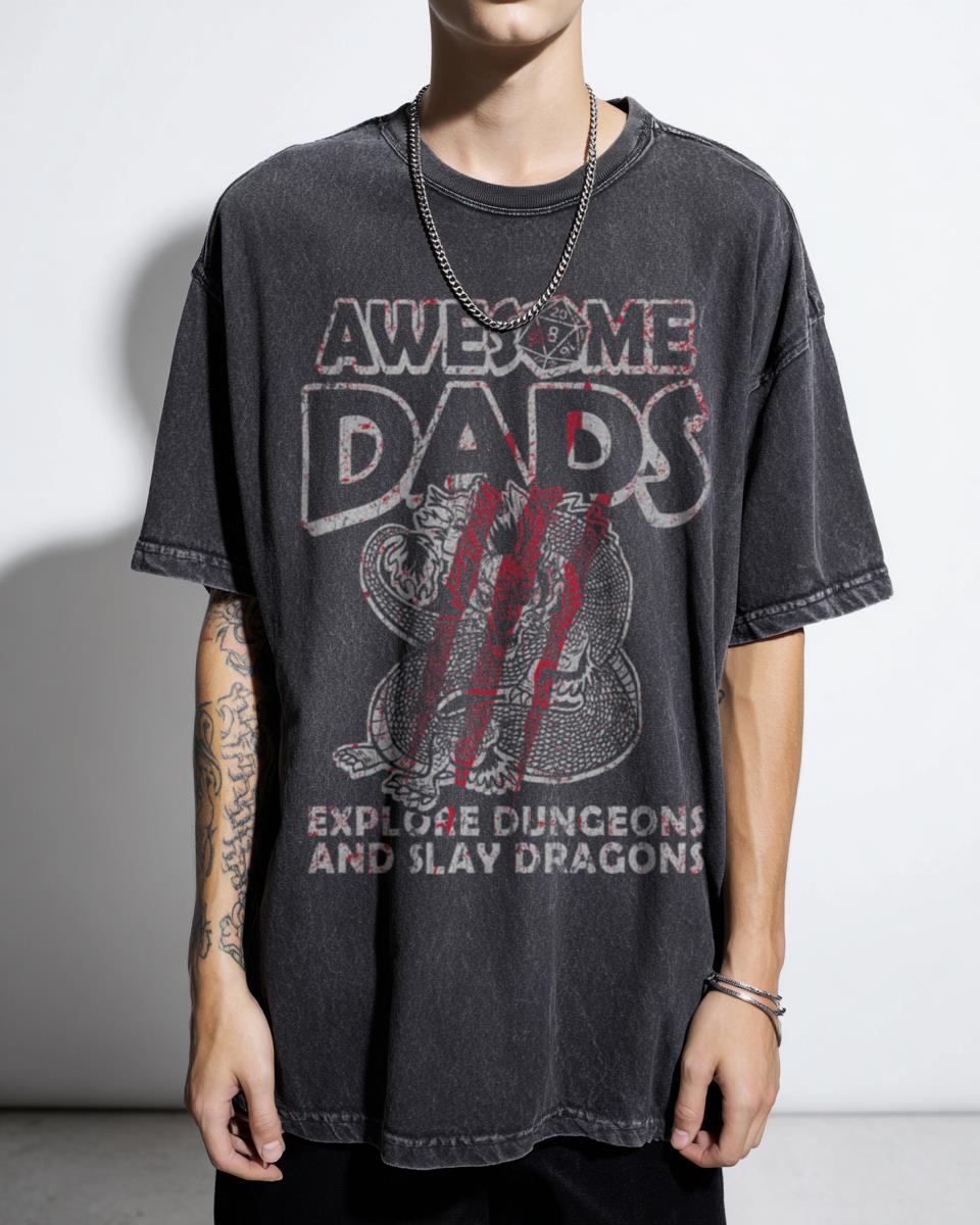 Awesome Dads Explore Dungeons & Slay Dragons Funny RPG Tee