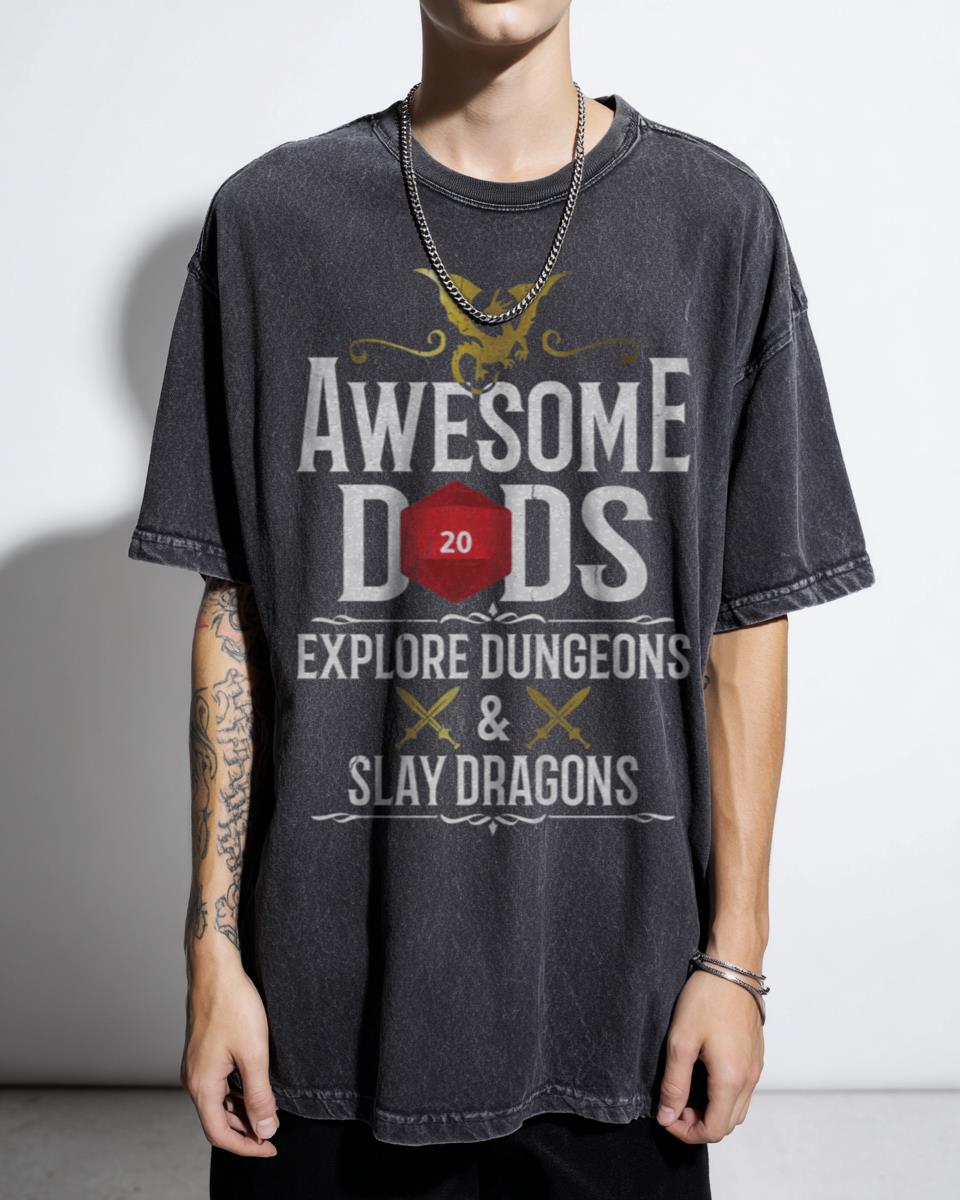 Awesome Dads Explore Dungeons & Slay Dragons T-Shirt - Gamer Dad Gift
