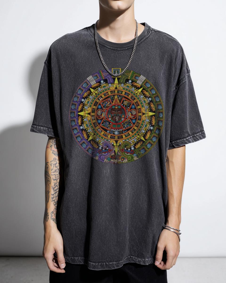 Aztec Calendar Sun Stone T-Shirt | Full Color Mexican Mythology Tee
