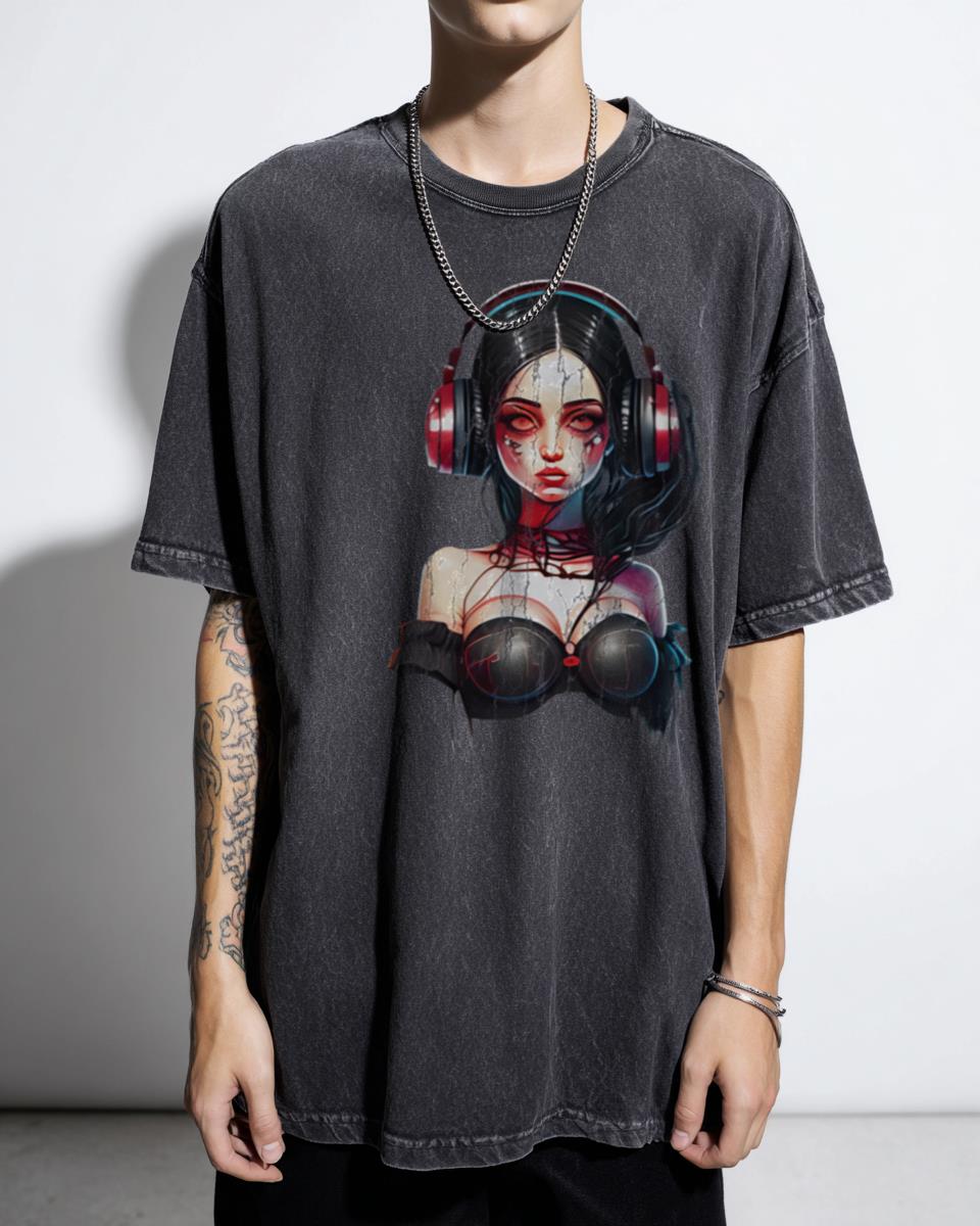 Beautiful Cyberpunk Headphones Music Girl T-Shirt - Anime DJ Goth Aesthetic