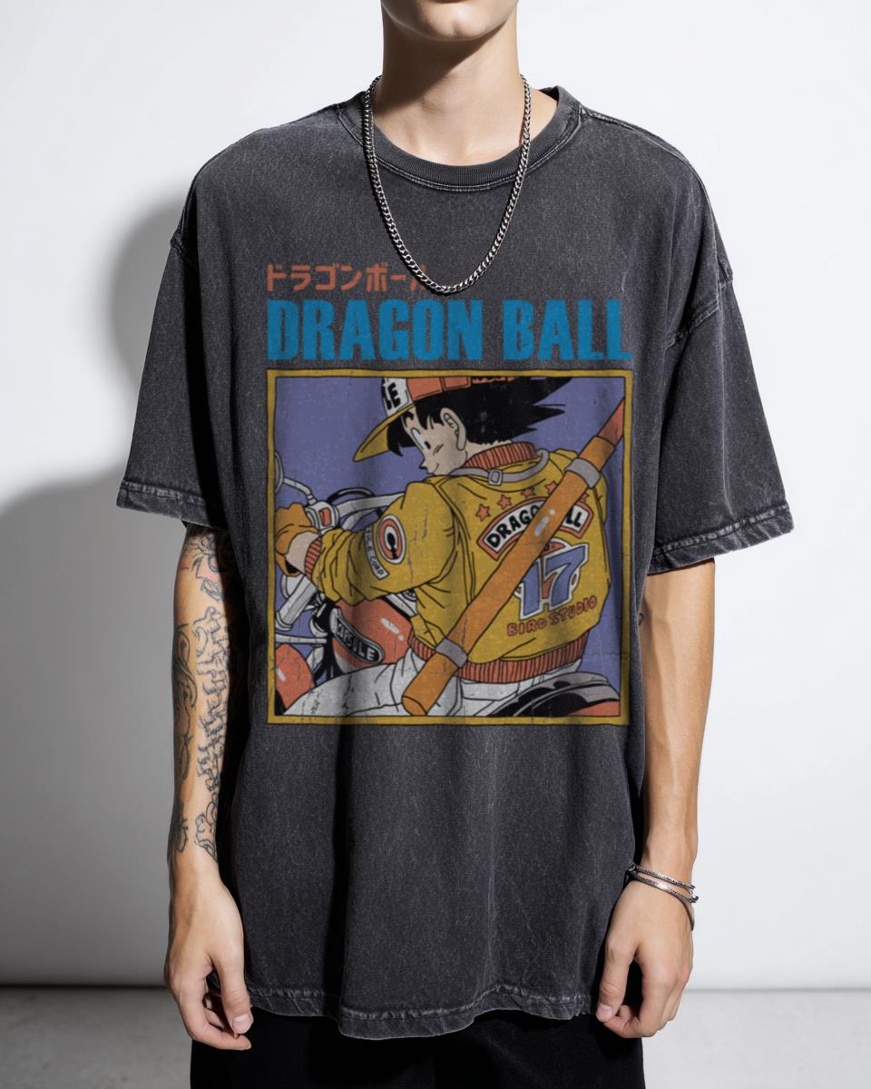 Black Acidwash Goku Motorcycle Tee | DBZ Classic Anime