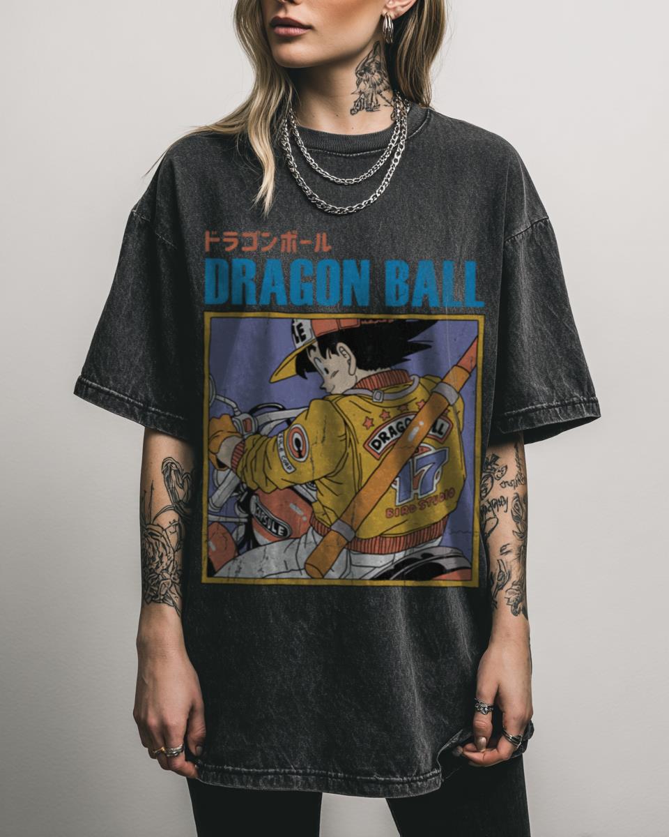 Black Acidwash Goku Motorcycle Tee | DBZ Classic Anime