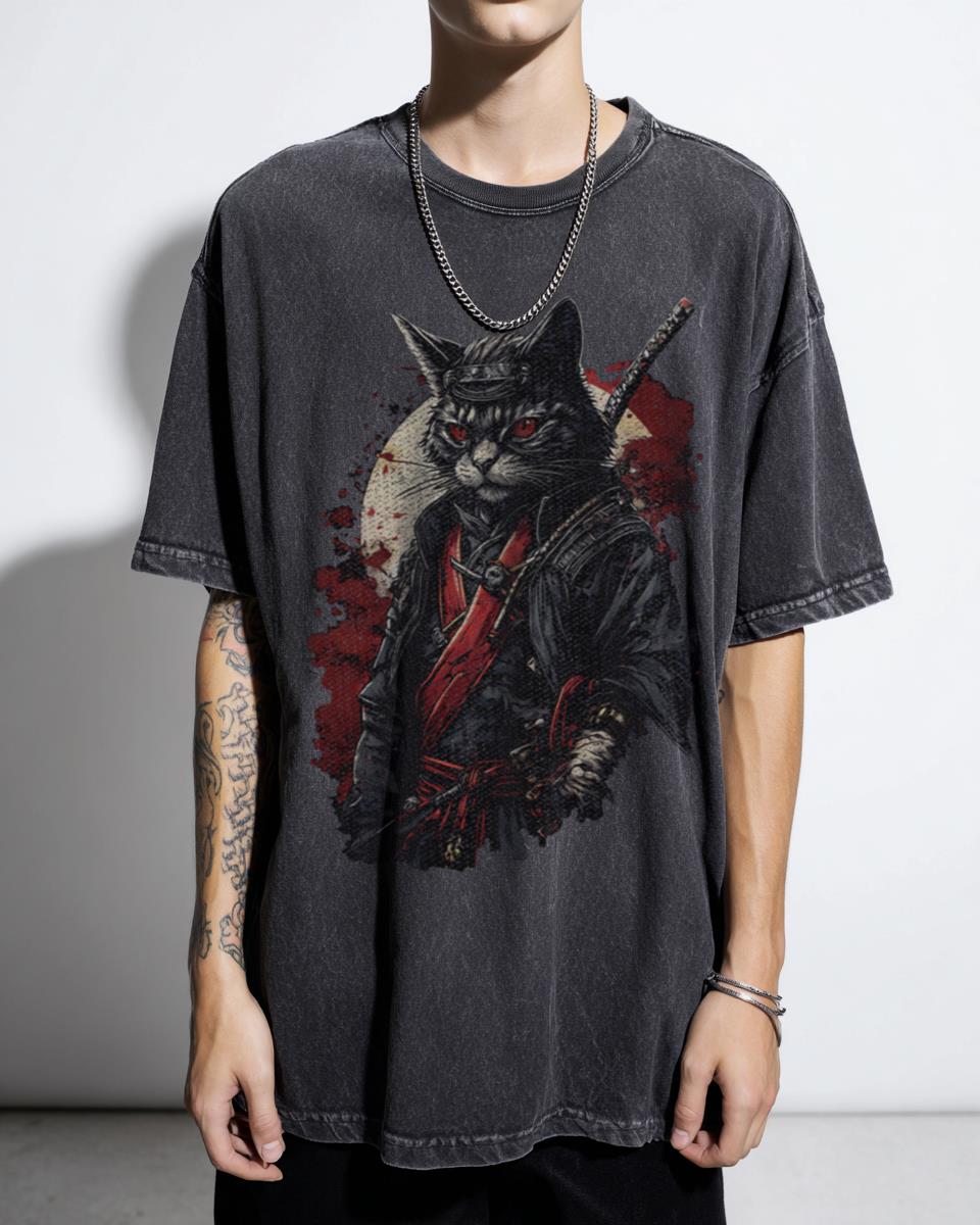 Bloody Demon Samurai Cat T-Shirt | Japanese Dark Art Graphic Tee