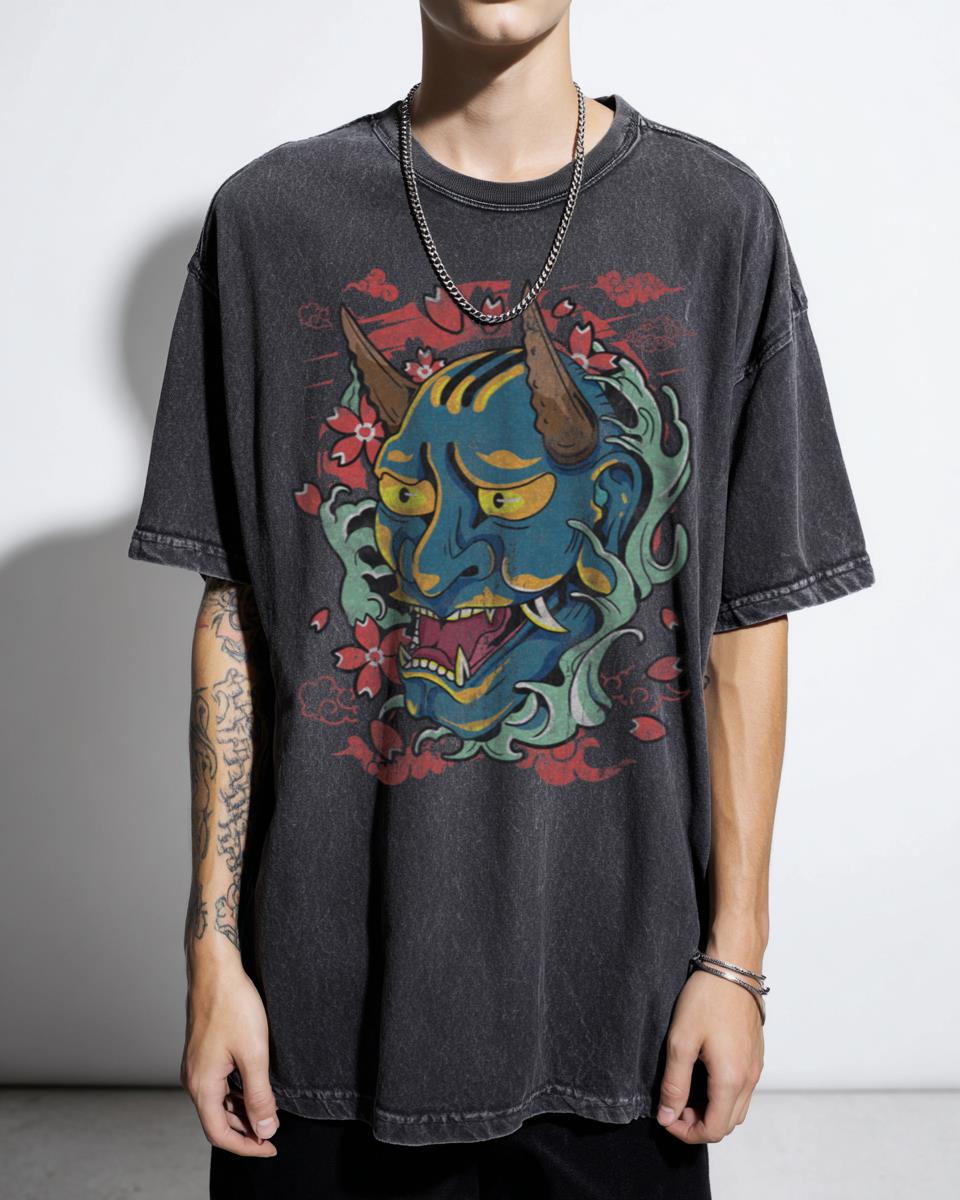 Blue Demon Oni Mask Japanese Art T-Shirt - Traditional Aesthetic Streetwear Unisex