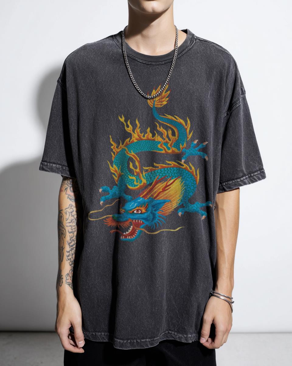 Blue Yellow Oriental Dragon Art T-Shirt - Chinese Mythical Creature Unisex