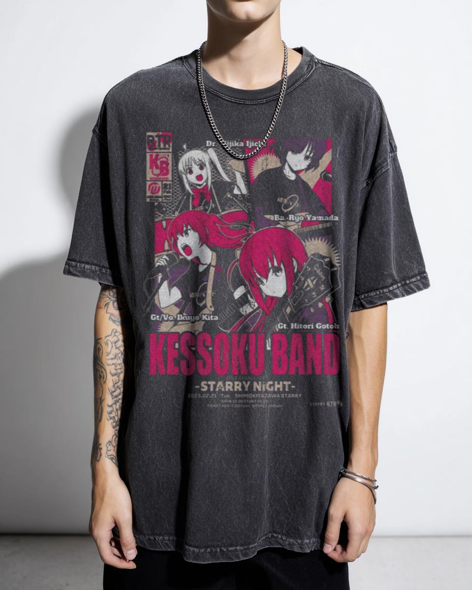 BOCCHI THE ROCK! Kessoku Band Anime Fan Acidwash T-Shirt - Japanese Music Group Tee Unisex