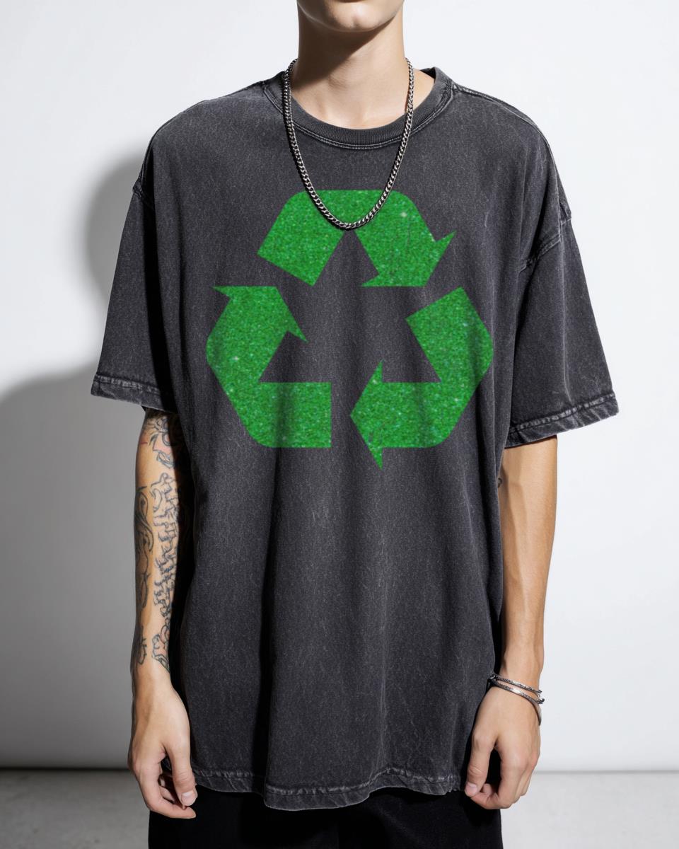 Bright Green Faux Glitter Recycle Symbol T-Shirt - Earth Day Environment Conservation Unisex
