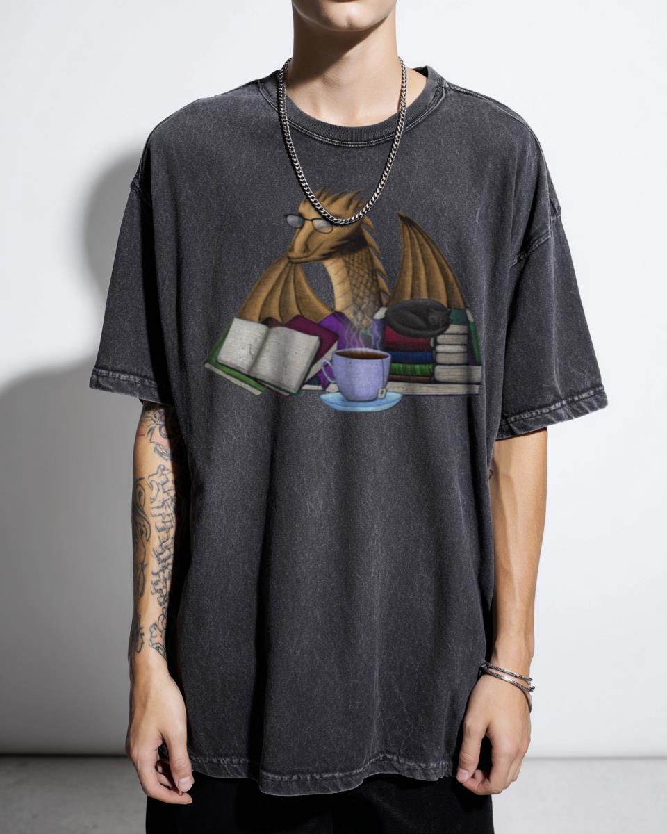 Bronze Dragon Reading Books with Cat & Tea Fantasy T-Shirt - Cozy Book Lover Unisex