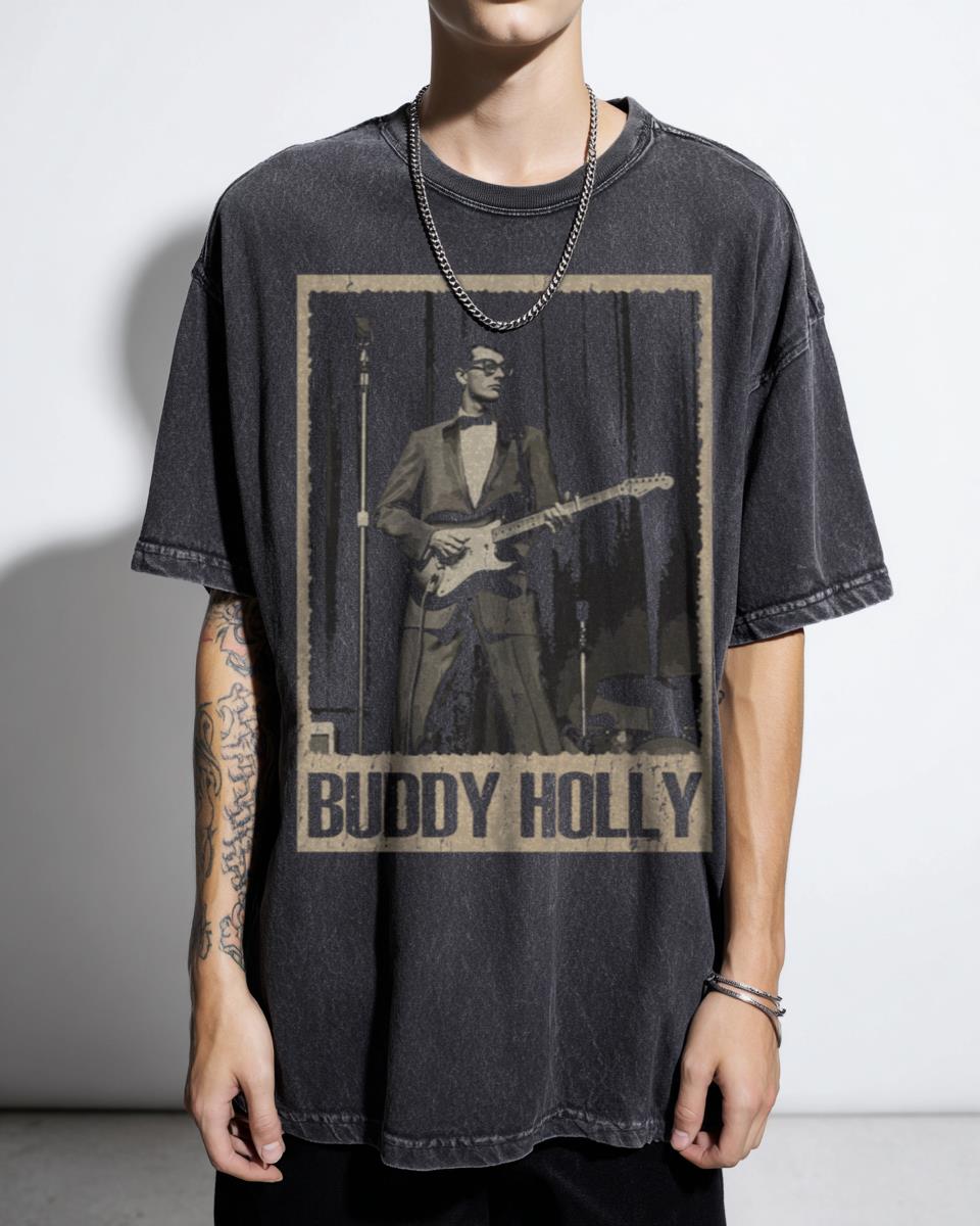 Buddy Holly Timeless Tunes Rockabilly Guitarist Acidwash T-Shirt - Vintage Music Pop Art Tee Unisex