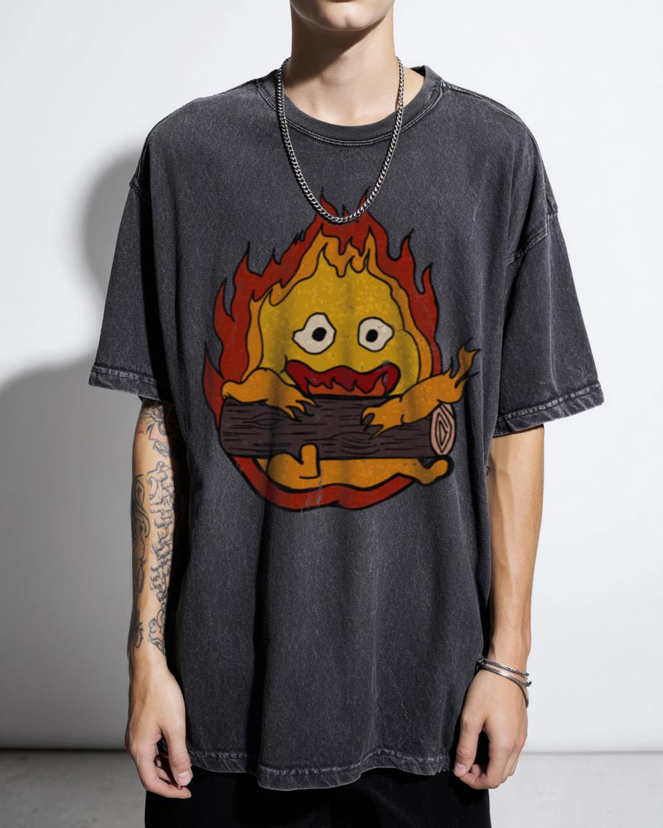 Calcifer on a Log Studio Ghibli T-Shirt - Howl's Moving Castle Fan Art