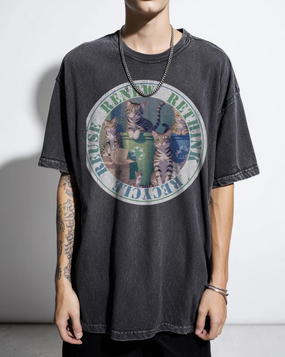 Cat 'Recycle Reuse Renew Rethink Crisis' Environmental Activism T-Shirt - Pet Lover Eco Unisex