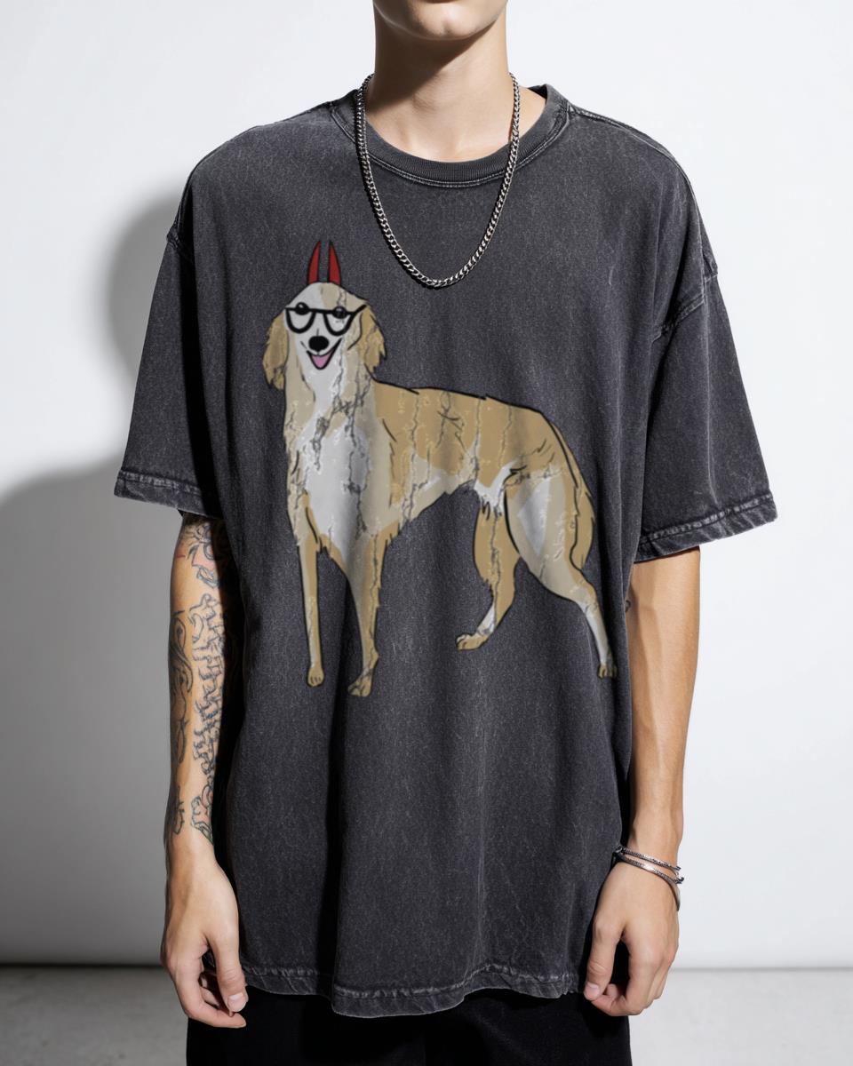 Chainsaw Man Power Borzoi Cute Dog Anime Black Acidwash T-Shirt - Manga Puppy Fan Unisex