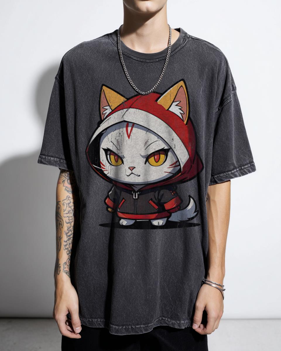 Chibi Cat Assassin White Anime T-Shirt - Funny Ninja Cat Lovers Manga Unisex