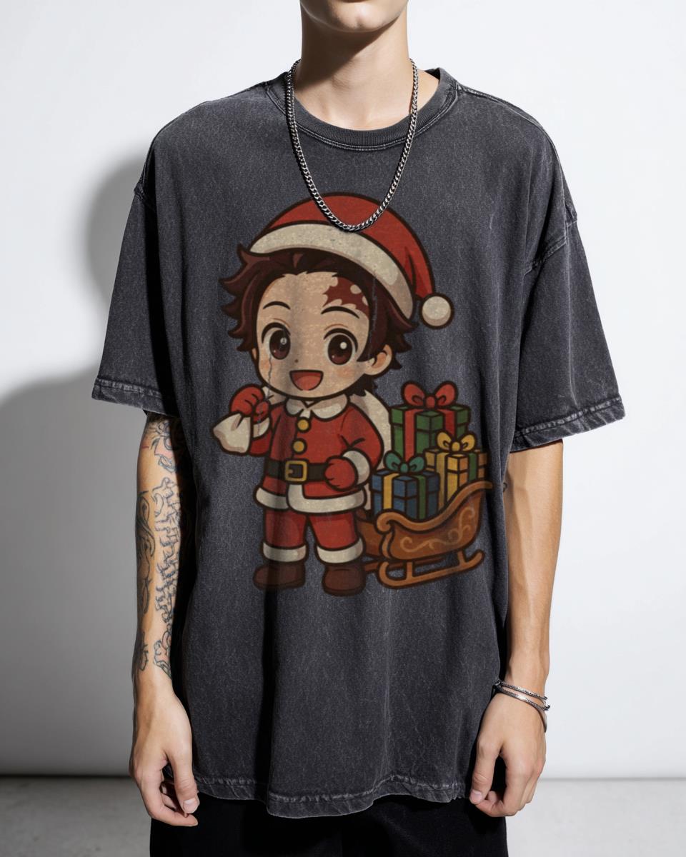 Chibi Tanjiro Santa Suit Sleigh T-Shirt - Anime Christmas Kawaii Unisex