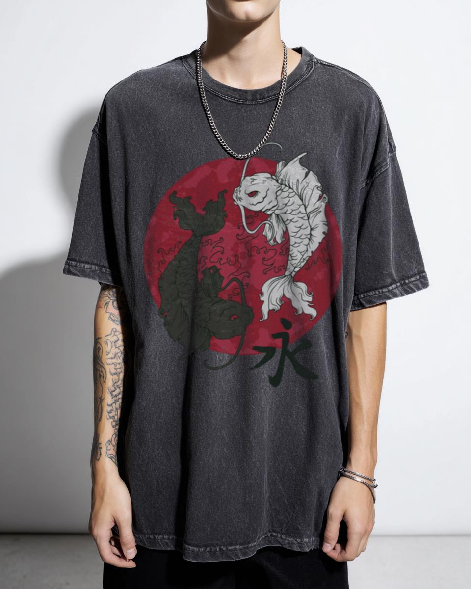 Chinese Abstract Fish Art Acidwash T-Shirt | Oriental Logo Tee