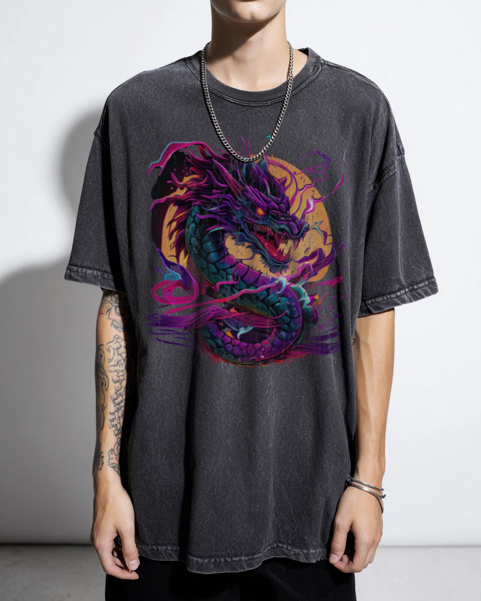 Chinese Dragon Synthwave Retro 80s Cyberpunk Anime T-Shirt - Japanese Vaporwave Aesthetic Apparel Unisex Black Acidwash