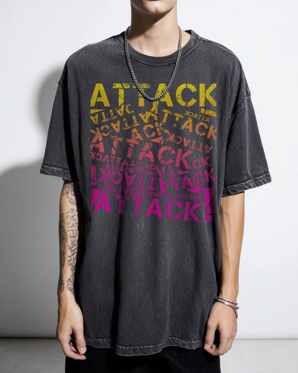 Colorful Attack Text Pattern Graphic T-Shirt - Bold Abstract Design Tee