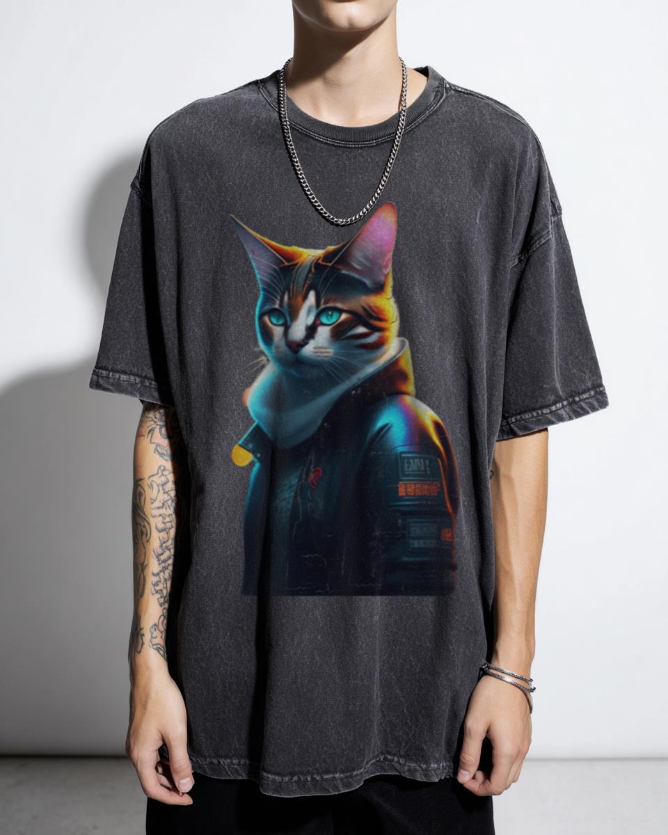 Colorful Cyberpunk Cat Black Acidwash T-Shirt | Neon Feline Art