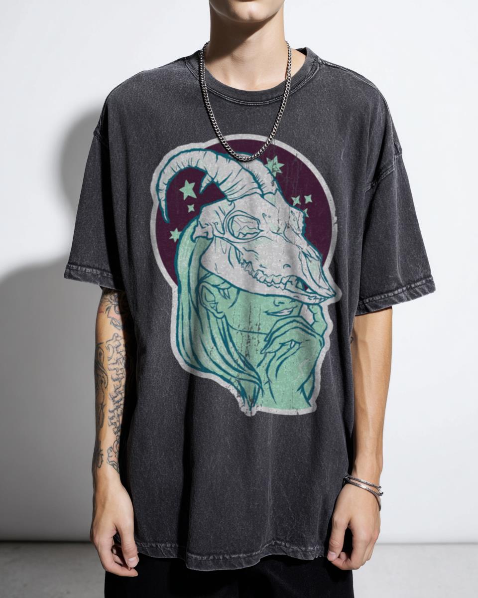 Creepy Pastel Goth Galaxy Billygoat Skull T-Shirt - Esoteric Weird Stars Art