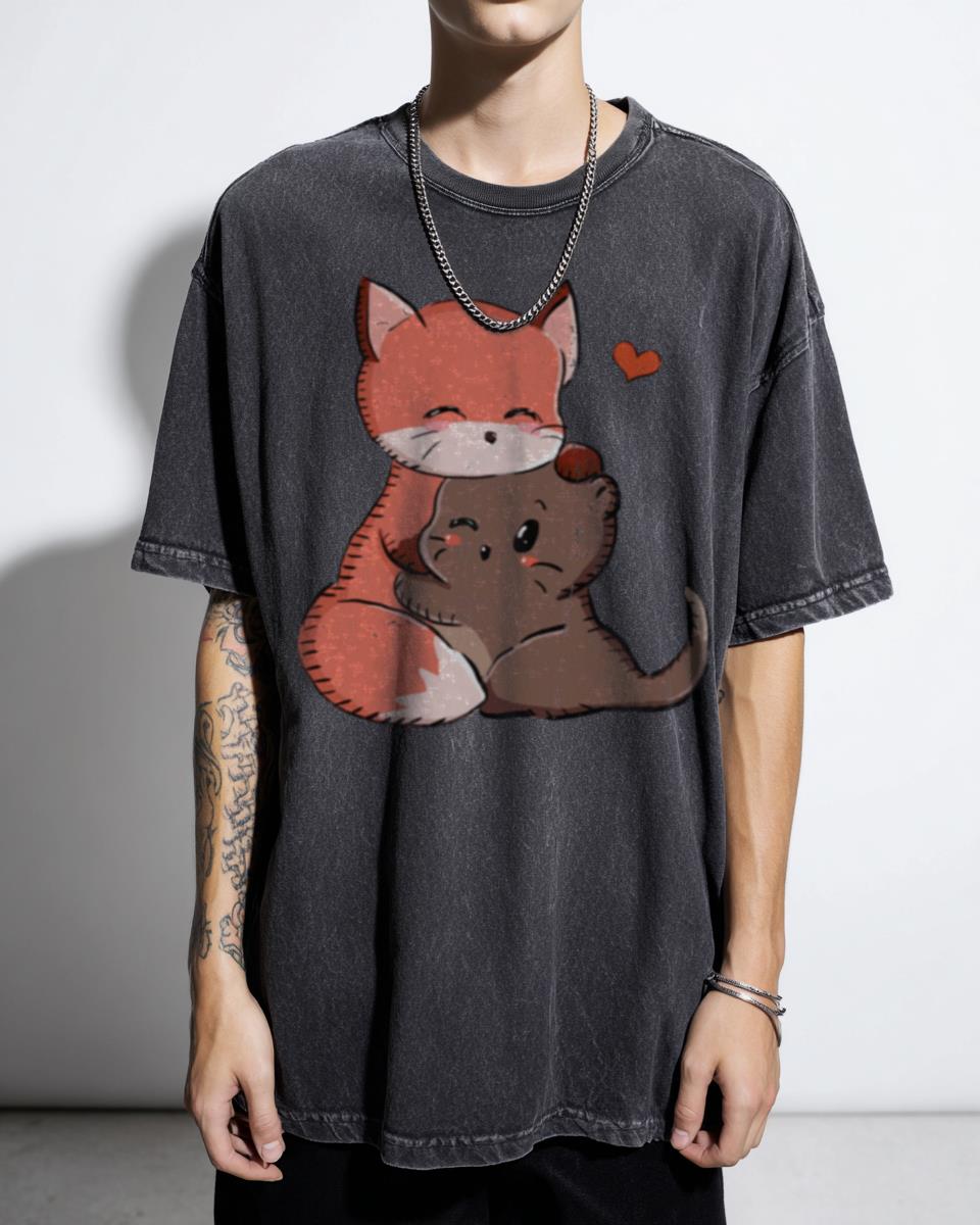 Cute Anime Fox & Otter Couple T-Shirt - Love Animals Graphic