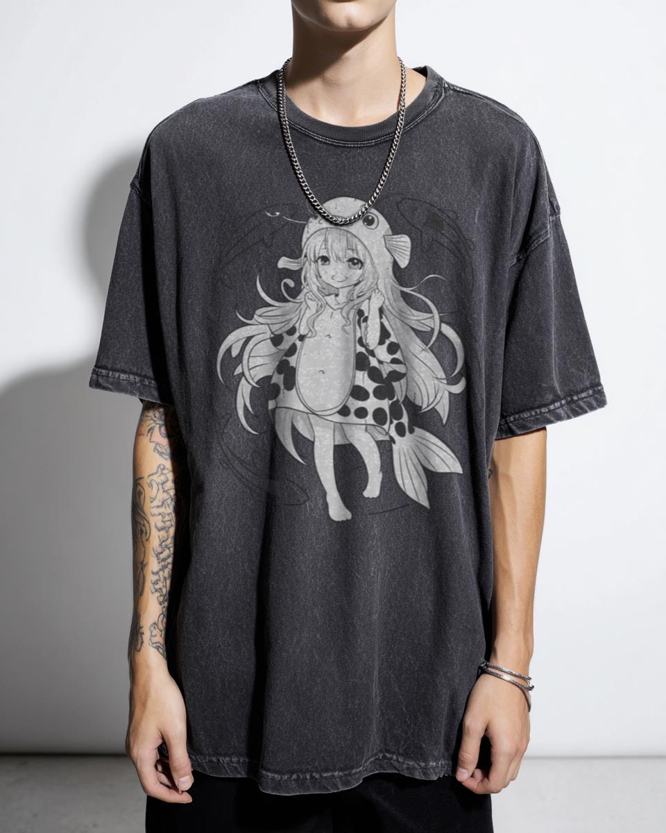 Cute Anime Girl with Fish T-Shirt - Kawaii Japanese Ocean Art