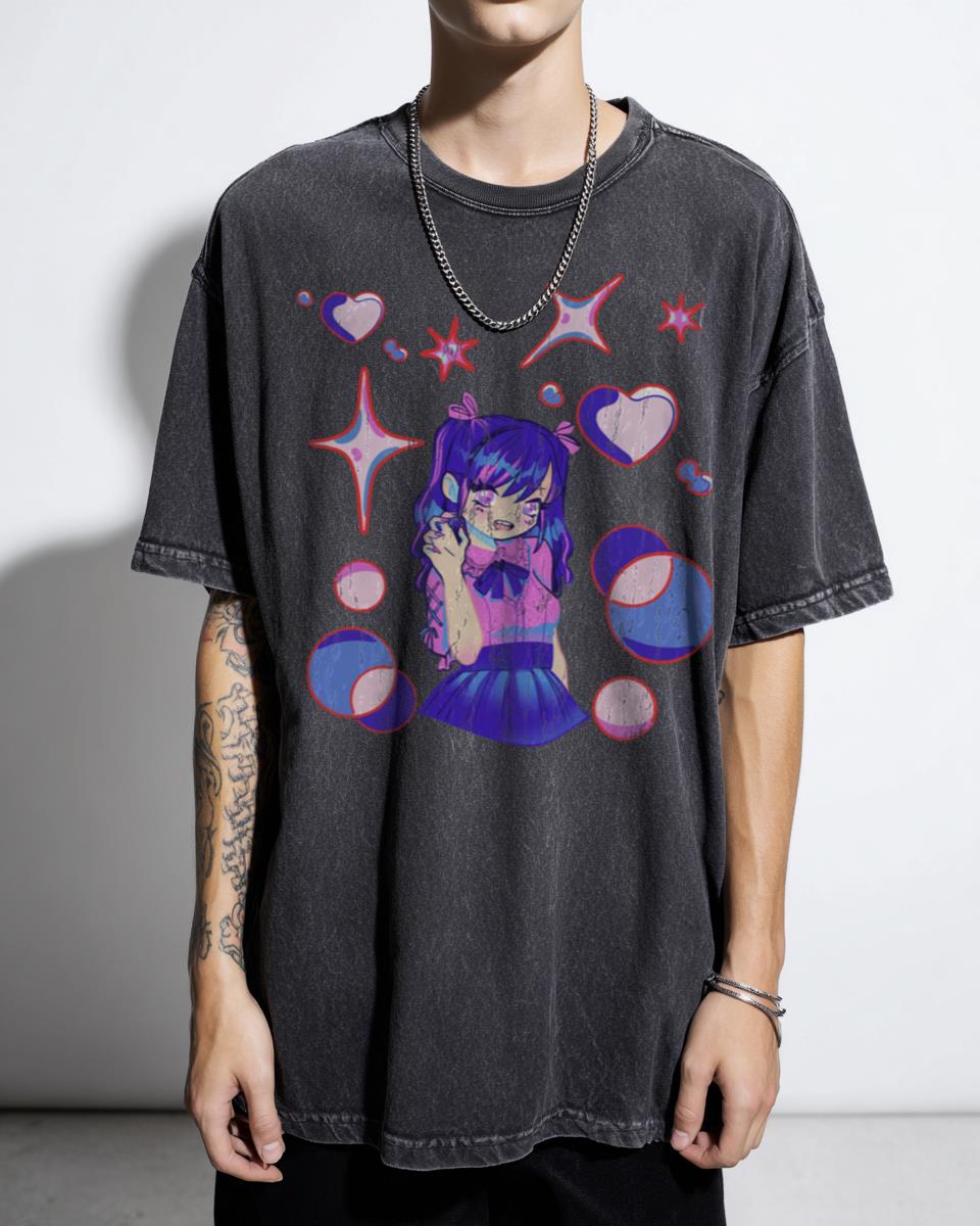 Cute Anime Girl with Stars T-Shirt - Kawaii Manga Aesthetic Design