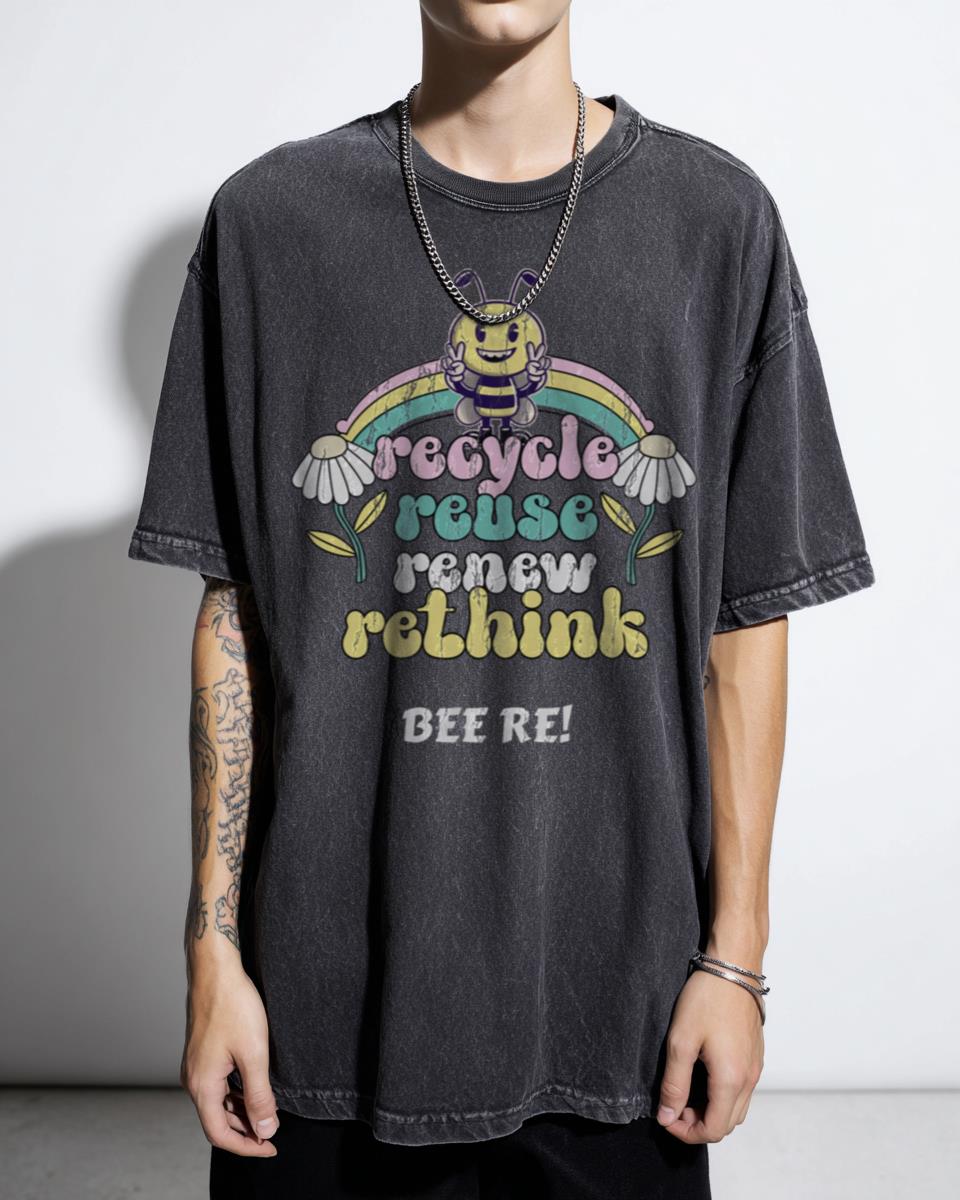 Cute Bee 'Recycle Reuse Renew Rethink' Graphic T-Shirt - Eco-Friendly Nature Unisex