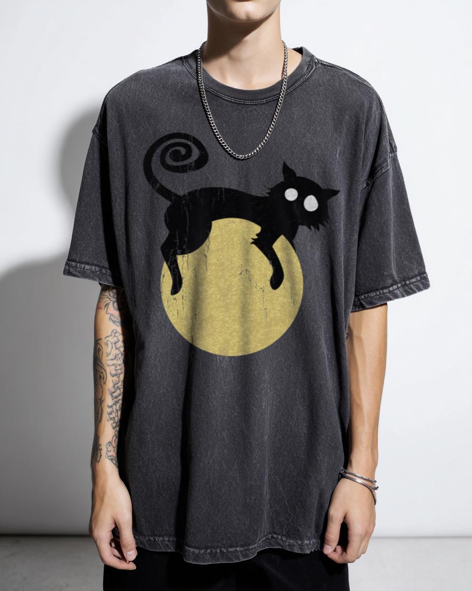 Cute Black Cat Holding Moon T-Shirt - Cartoon Kitten Feline Pet Art